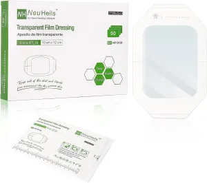 NeuHeils Transparent Film Dressing 4''x4.75'', 50 Packs, Large Waterproof Wound Cover Bandage, Post Surgical Shower or IV Shield, Tattoo Aftercare Bandage, Adhesive Patch 4 x 4 3/4 Inch