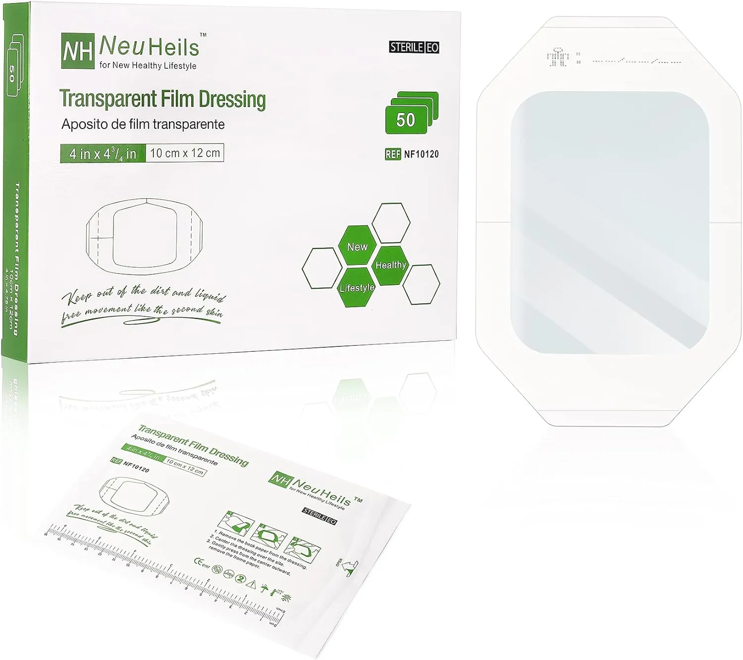 NeuHeils Transparent Film Dressing 4''x4.75'', 50 Packs, Large Waterproof Wound Cover Bandage, Post Surgical Shower or IV Shield, Tattoo Aftercare Bandage, Adhesive Patch 4 x 4 3/4 Inch