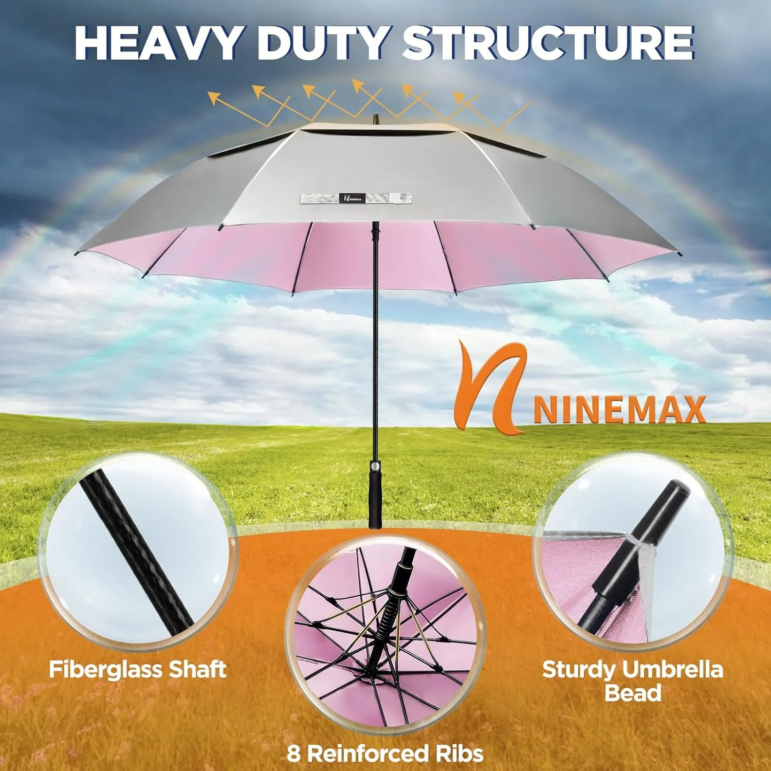 NINEMAX 51/54/62/68 Inch Golf Umbrella UV Potection, Auto Open Large UV Umbrellas Sun Blocking Double Canopy Vented Windproof for Sun Rain