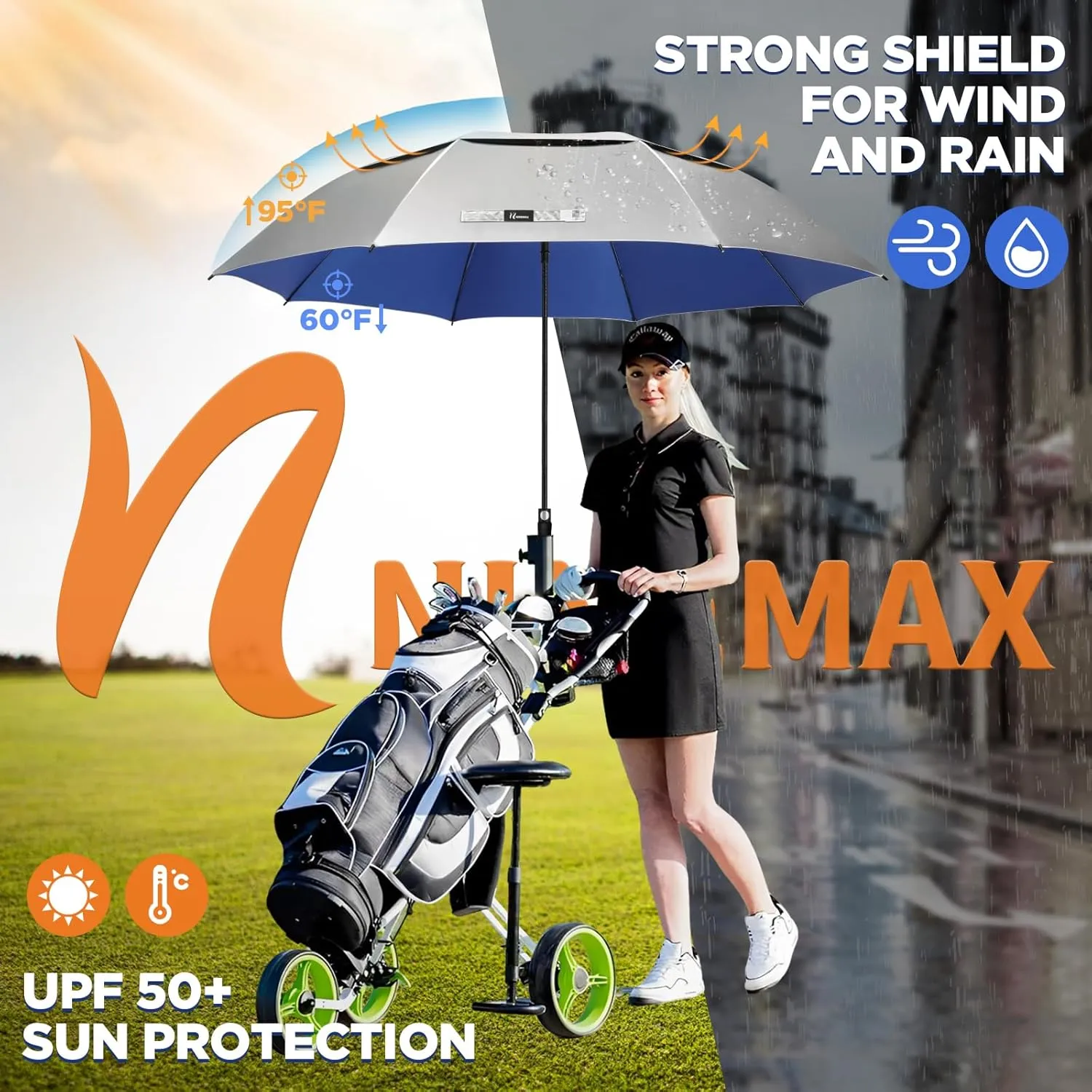 NINEMAX 51/54/62/68 Inch Golf Umbrella UV Potection, Auto Open Large UV Umbrellas Sun Blocking Double Canopy Vented Windproof for Sun Rain