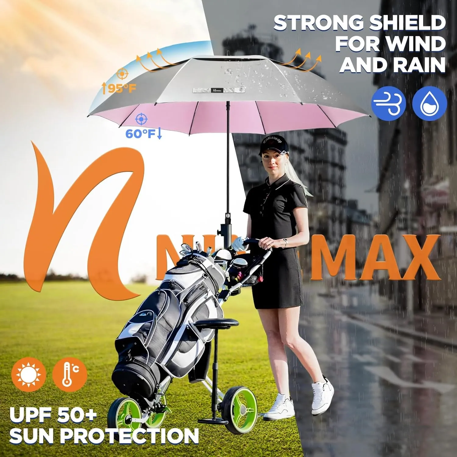 NINEMAX 51/54/62/68 Inch Golf Umbrella UV Potection, Auto Open Large UV Umbrellas Sun Blocking Double Canopy Vented Windproof for Sun Rain