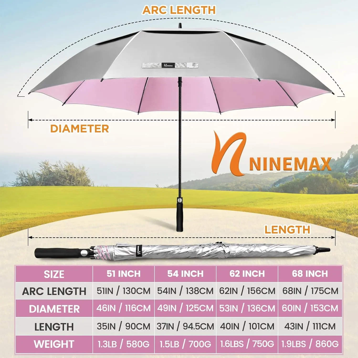 NINEMAX 51/54/62/68 Inch Golf Umbrella UV Potection, Auto Open Large UV Umbrellas Sun Blocking Double Canopy Vented Windproof for Sun Rain