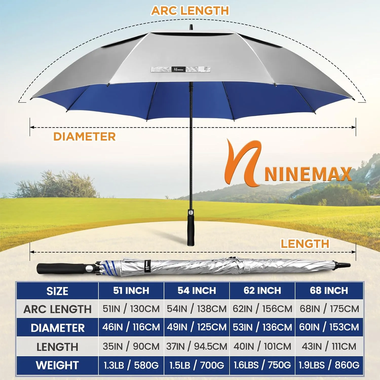 NINEMAX 51/54/62/68 Inch Golf Umbrella UV Potection, Auto Open Large UV Umbrellas Sun Blocking Double Canopy Vented Windproof for Sun Rain