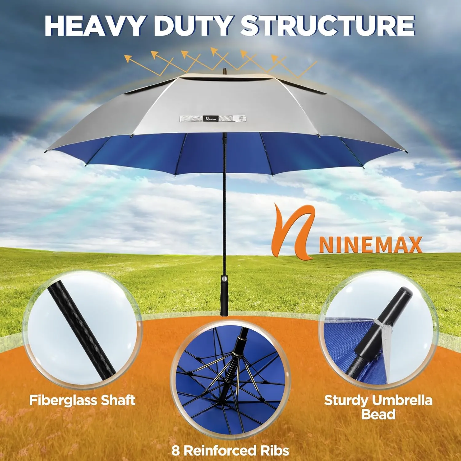 NINEMAX 51/54/62/68 Inch Golf Umbrella UV Potection, Auto Open Large UV Umbrellas Sun Blocking Double Canopy Vented Windproof for Sun Rain