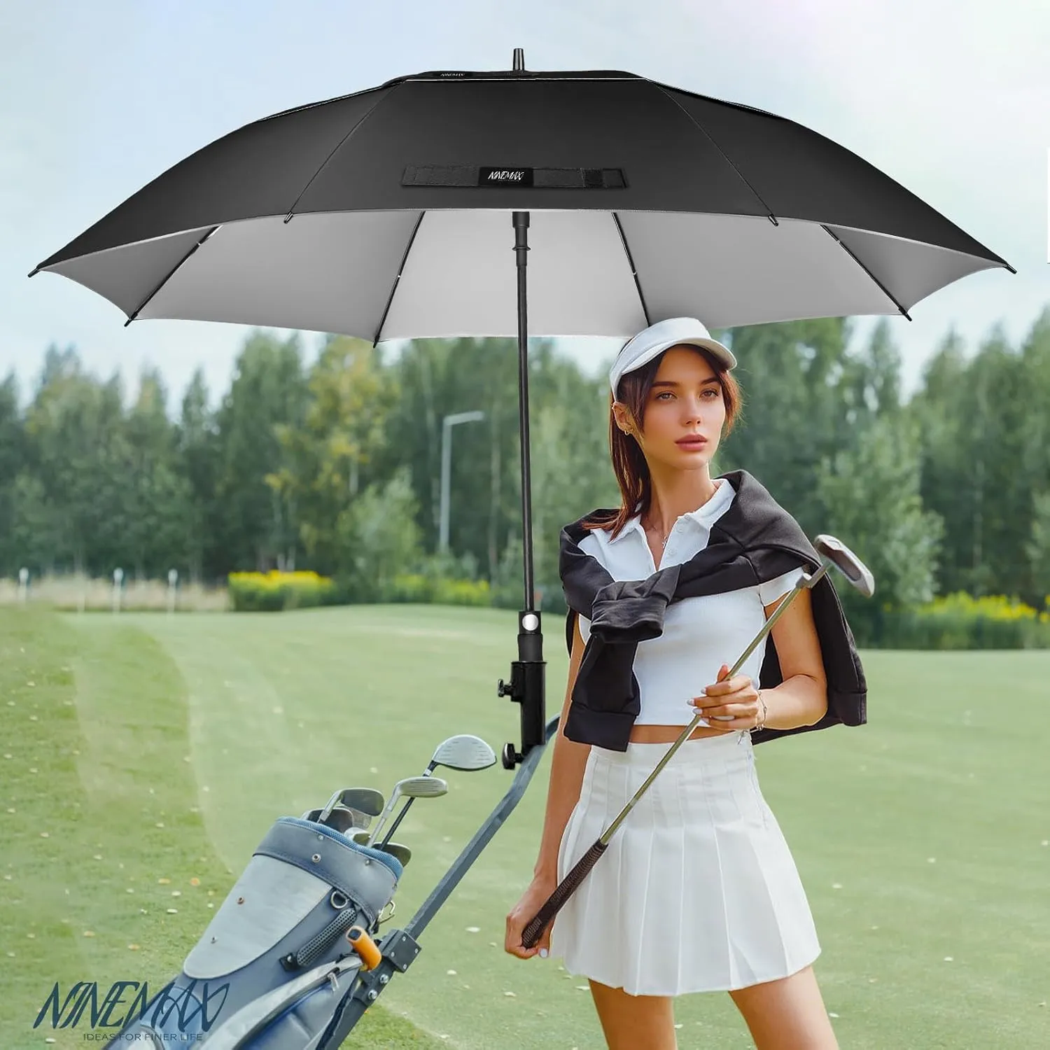 NINEMAX 62/68 Inch Golf Umbrella UV Protection, Large Windproof UV Umbrellas Auto Open Double Canopy Vented Sun Blocking UPF 50  for Sun and Rain