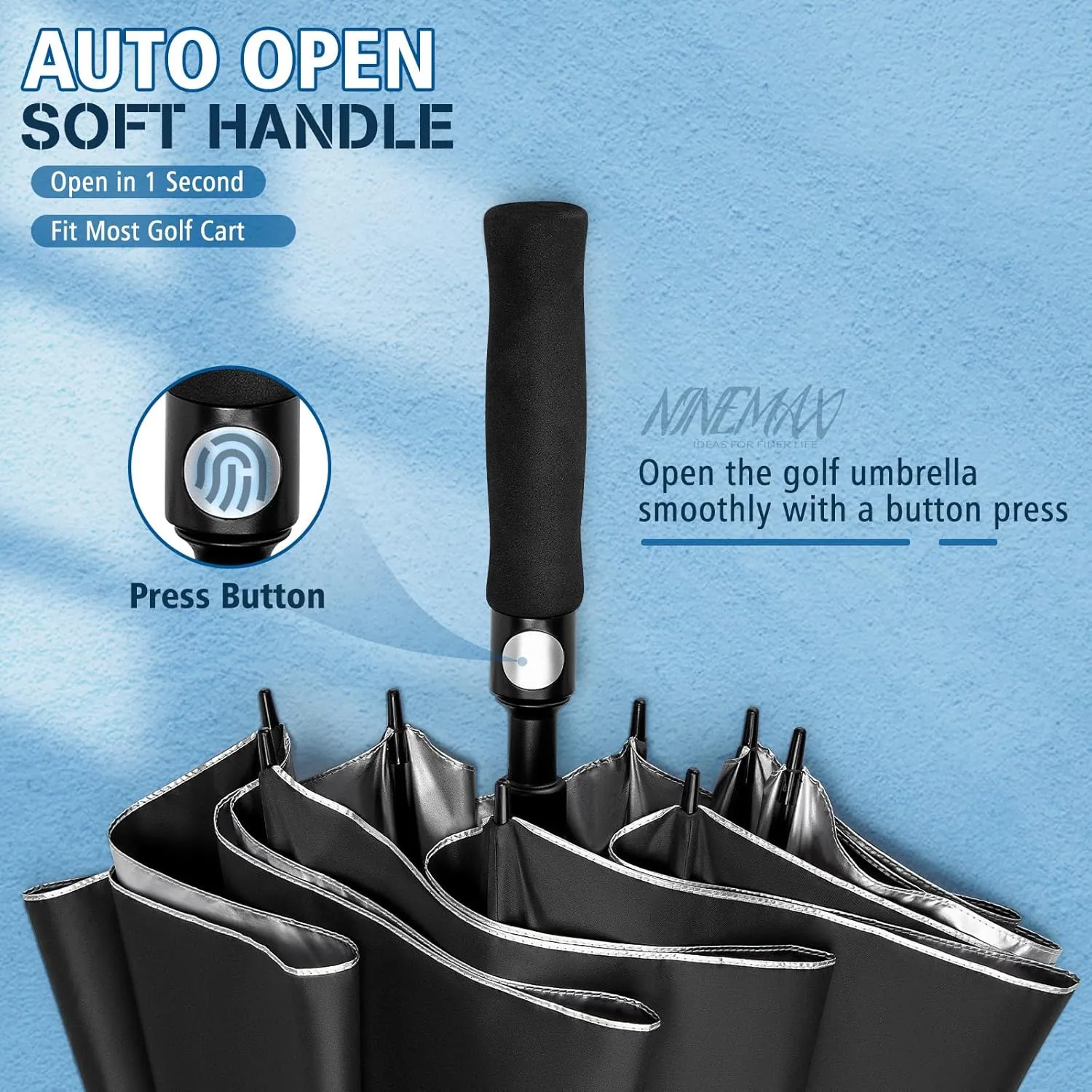NINEMAX 62/68 Inch Golf Umbrella UV Protection, Large Windproof UV Umbrellas Auto Open Double Canopy Vented Sun Blocking UPF 50  for Sun and Rain