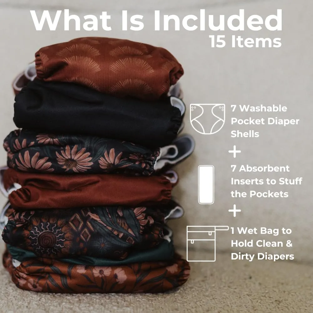 Nora's Nursery Cloth Diapers 7 Pack with 7 Inserts & 1 Wet Bag - Waterproof Cover, Washable, Reusable & One Size Adjustable Pocket Diapers for Newborns and Toddlers - Dahlia