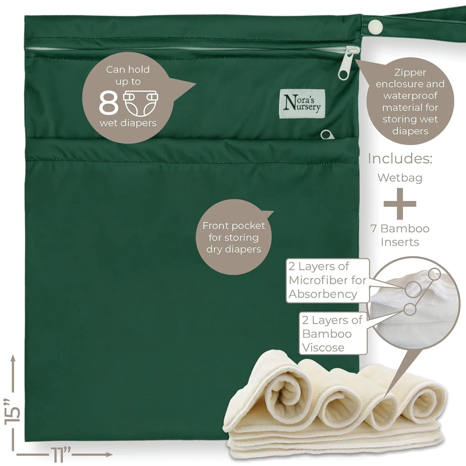 Nora's Nursery Cloth Diapers 7 Pack with 7 Inserts & 1 Wet Bag - Waterproof Cover, Washable, Reusable & One Size Adjustable Pocket Diapers for Newborns and Toddlers - Dahlia