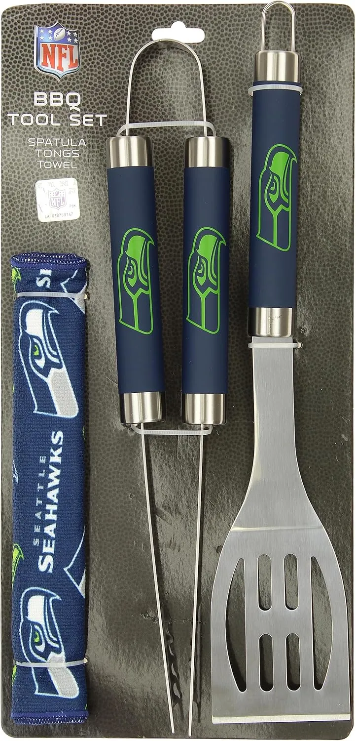 NORTHWEST NFL 3 Piece Team Color and Logo BBQ Grill Set: Spatula, Tongs, and Towel