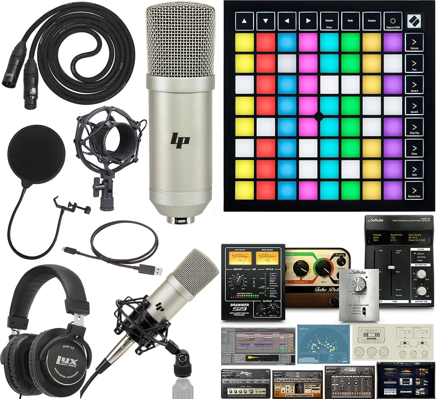 Novation Launchpad 64 RGB Pad Midi Grid Controller For Ableton Live with Creative Music Software Kit and Professional Studio Recording Condenser Microphone and Kit