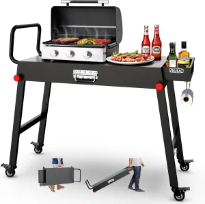 NUUK 31"x17" Outdoor Foldable BBQ Grill Table Cart Portable Folding Prep Worktable for Outside Cooking, Pizza Oven, Heavy-Duty 300LBS Capacity with Universal Wheels, Hander