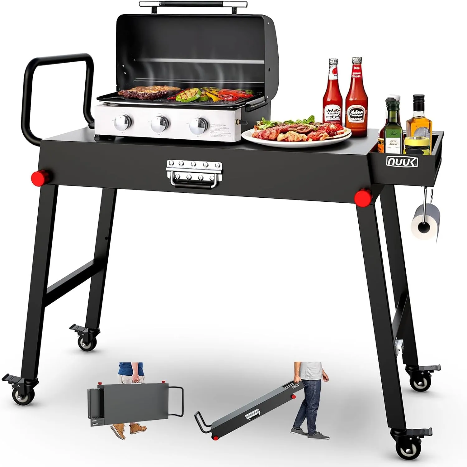 NUUK 31"x17" Outdoor Foldable BBQ Grill Table Cart Portable Folding Prep Worktable for Outside Cooking, Pizza Oven, Heavy-Duty 300LBS Capacity with Universal Wheels, Hander