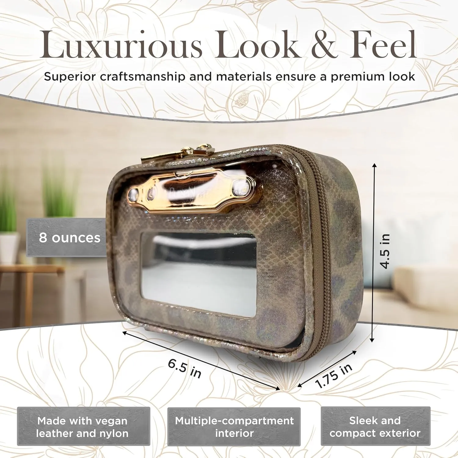 OFT 2024 LITTMINI Lighted Mirror Case - Small Makeup Bag with Detachable Mirror & Multiple Pouches for Organization - Vegan Leather, Mini Makeup Bag Ideal for Travel & Everyday Essentials (Leopard)