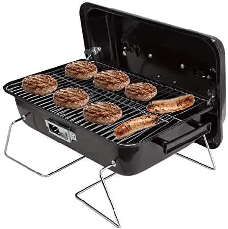 Omaha Go Anywhere Portable Charcoal Grill with Lid - Mini Table Top Grill for Camping, Boat, Tailgate, BBQ - Sturdy Steel Design - Foldable Legs - 6 Burgers, 4 Dogs