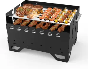 Onlyfire Portable BBQ Grill, Foldable Charcoal Grill Barbecue Smoker with 7 PCS Stainless Steel Kebab Skewers & BBQ Griddle for Outdoor Cooking, Camping and Picnic