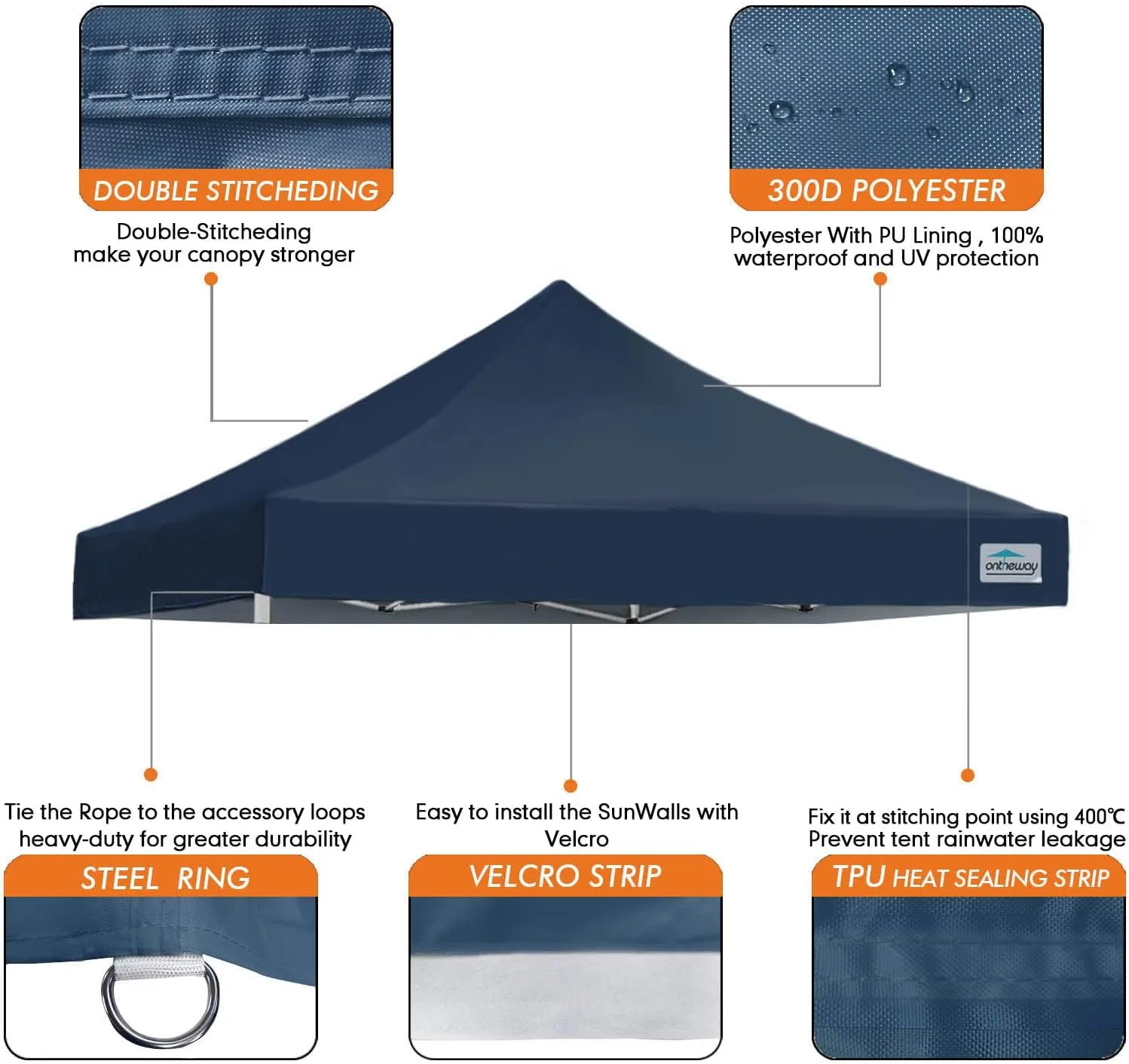 Ontheway 10' x 10' Replacement Canopy Top for Pop Up Tent, Instant Canopy Top Cover, Bonus 4PC Pack Canopy Weight Bag (Navy Blue)