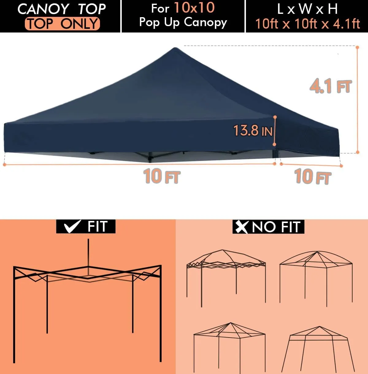 Ontheway 10' x 10' Replacement Canopy Top for Pop Up Tent, Instant Canopy Top Cover, Bonus 4PC Pack Canopy Weight Bag (Navy Blue)