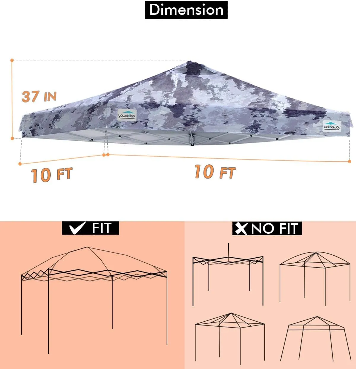 Ontheway 10x10 Replacement Canopy Top Cover, Pop Up Canopy Tent with Air Vent (Camouflage)