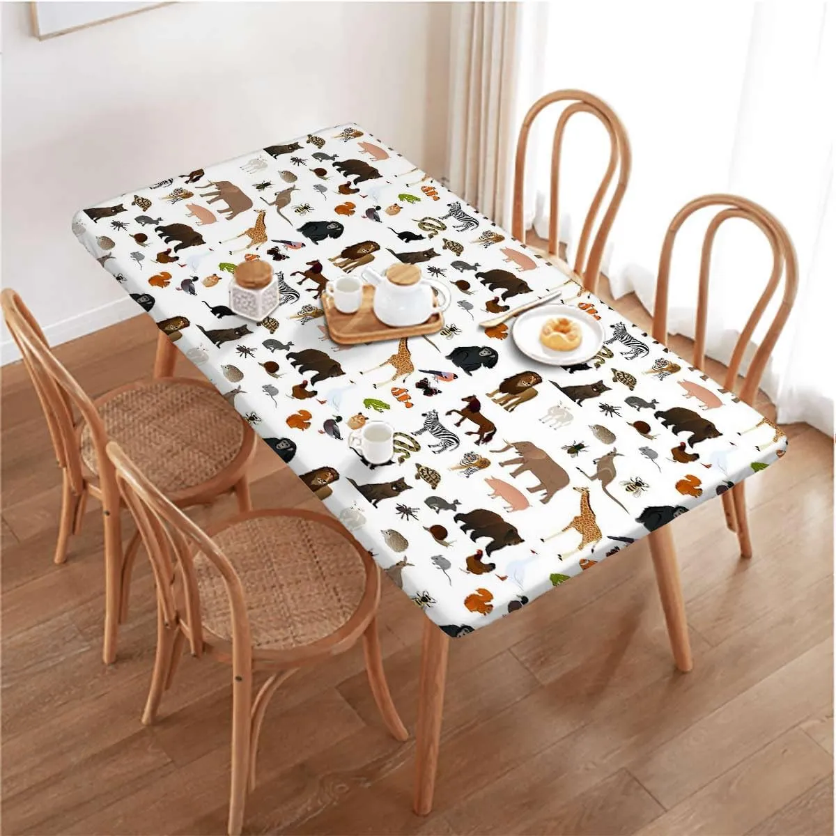 OOzie Brown White Tablecloth for Folding Table Cartoon Multi Animals Nature Elastic Edge Fitted Tablecloth for Rectangle Table Animal Fits up 5 Foot Tables