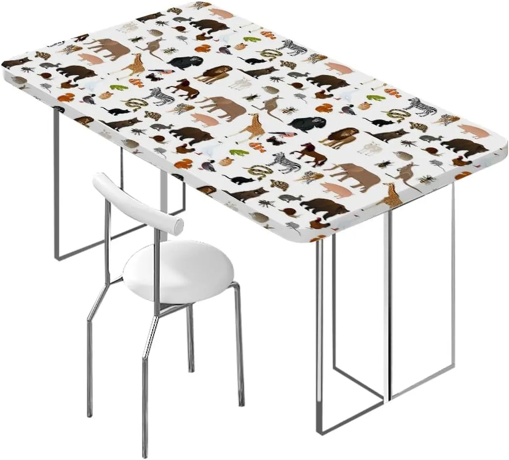 OOzie Brown White Tablecloth for Folding Table Cartoon Multi Animals Nature Elastic Edge Fitted Tablecloth for Rectangle Table Animal Fits up 5 Foot Tables