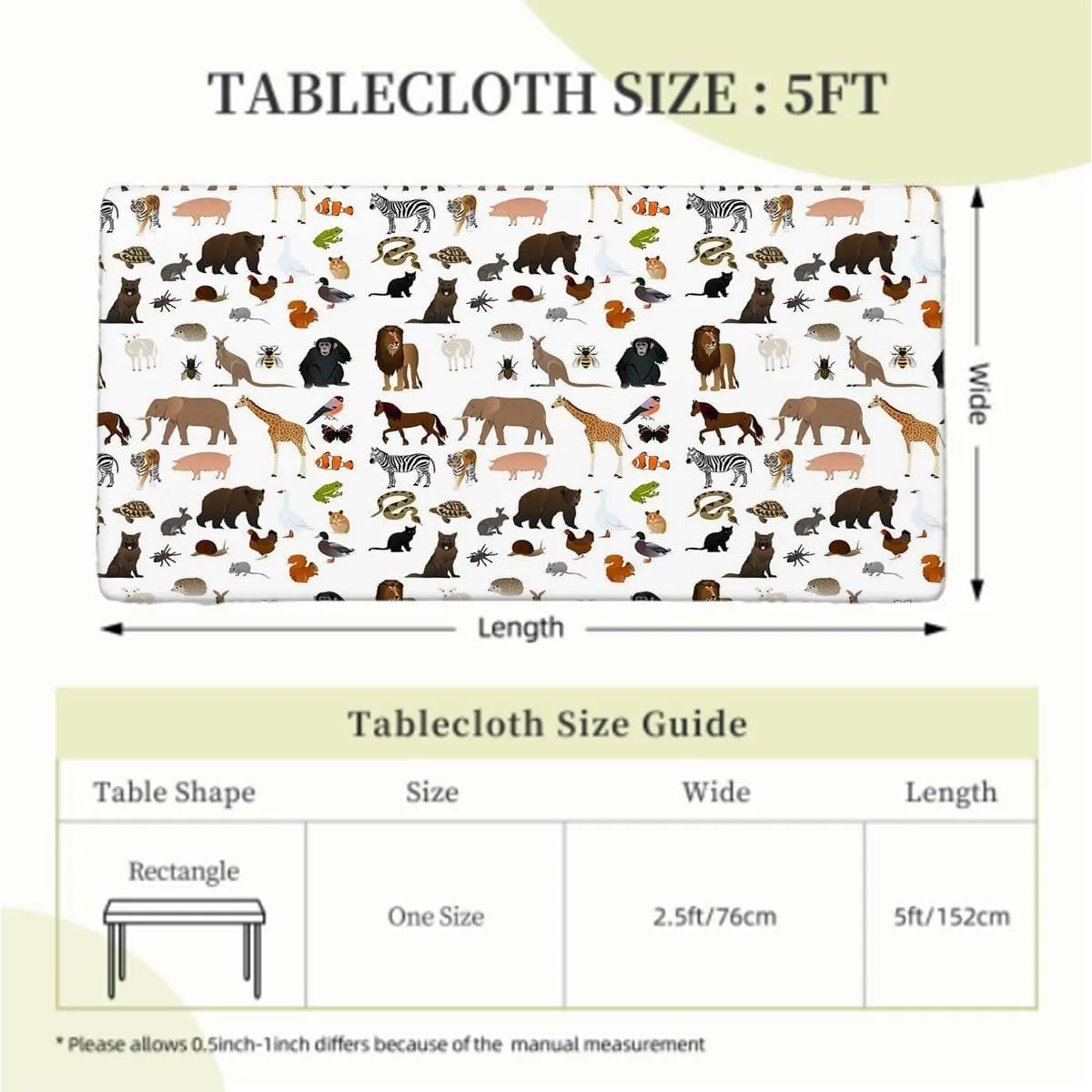 OOzie Brown White Tablecloth for Folding Table Cartoon Multi Animals Nature Elastic Edge Fitted Tablecloth for Rectangle Table Animal Fits up 5 Foot Tables