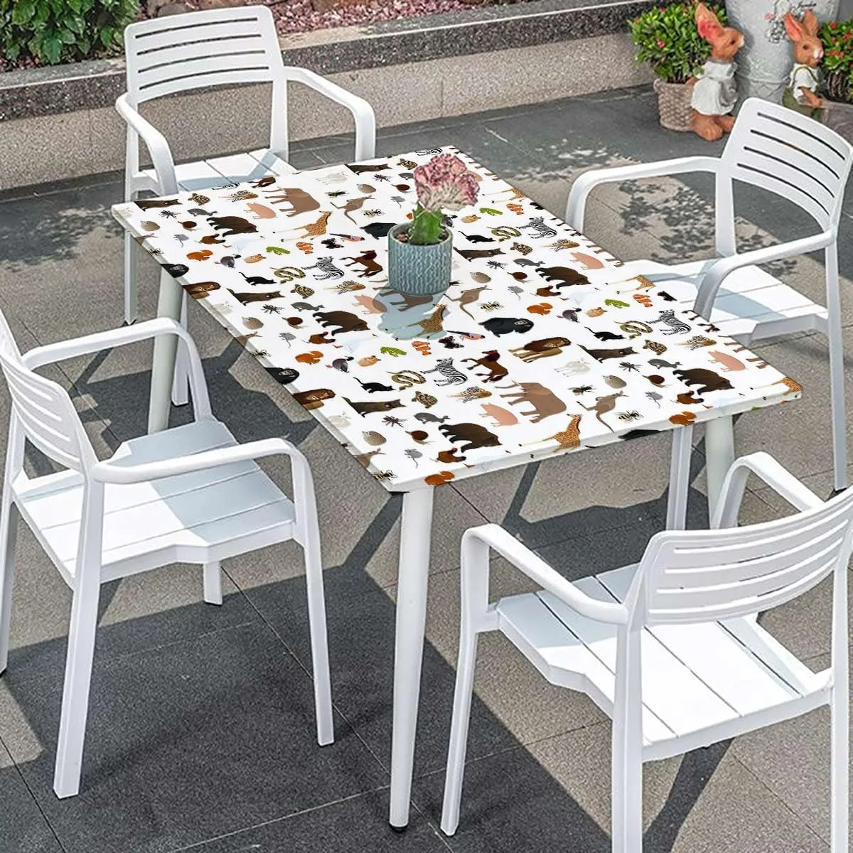 OOzie Brown White Tablecloth for Folding Table Cartoon Multi Animals Nature Elastic Edge Fitted Tablecloth for Rectangle Table Animal Fits up 5 Foot Tables