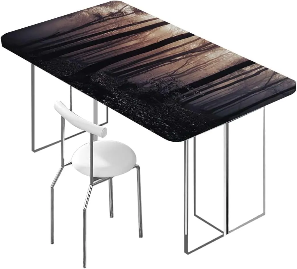 OOzie Dark Grey Purple Tablecloth for Folding Table Forest Path Dark Fitted Spandex Stretch Square Table Covers Caps Elastic Square Tablecloth Misty Tree Decor Fits up 4 Foot Tables