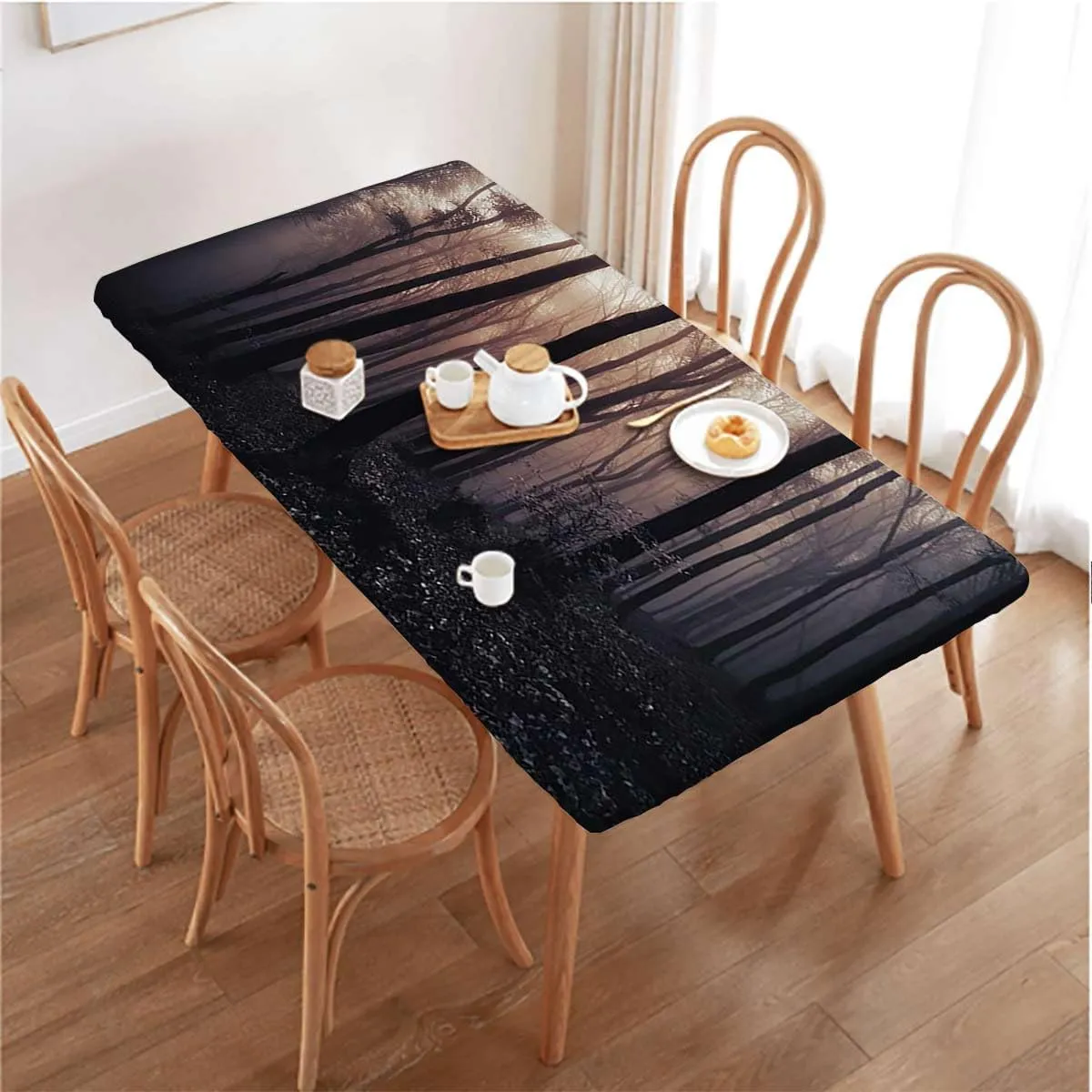 OOzie Dark Grey Purple Tablecloth for Folding Table Forest Path Dark Fitted Spandex Stretch Square Table Covers Caps Elastic Square Tablecloth Misty Tree Decor Fits up 4 Foot Tables