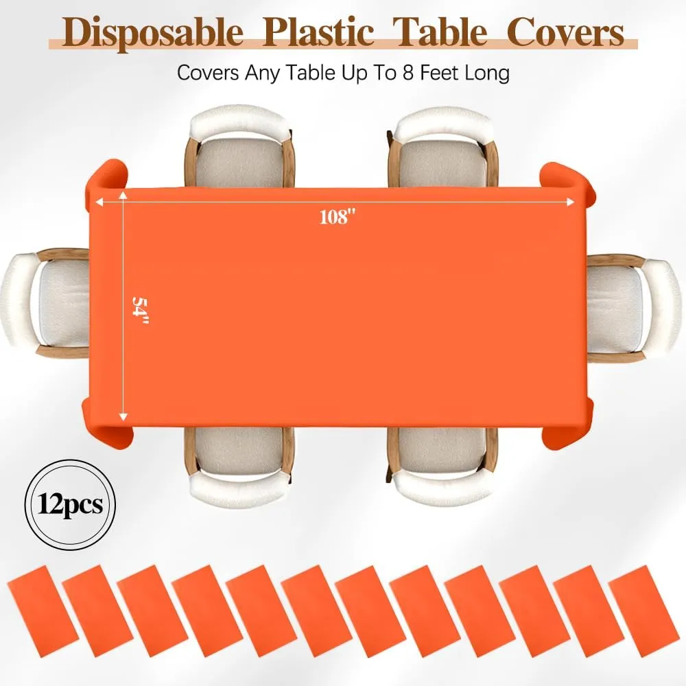 Orange Tablecloths Rectangular 54"x108" Premium 12 Pack Orange Plastic Tablecloth Fitted Tablecloths for 8 Foot Rectangle Tables Table Cover Rectangle Fall Thanksgiving Tablecloth
