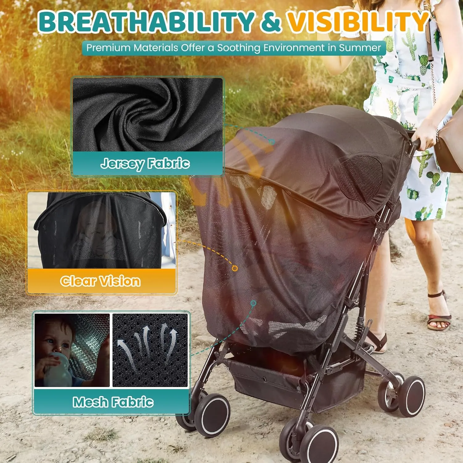 Orzbow Stroller Sun Shade Cover, Removable Stroller Shade Extender with Zip, Breathable Universal Stroller Canopy, Easy to Use & Stable, Blocks 95% UV(UPF 50 ), Stroller Accessories, Black