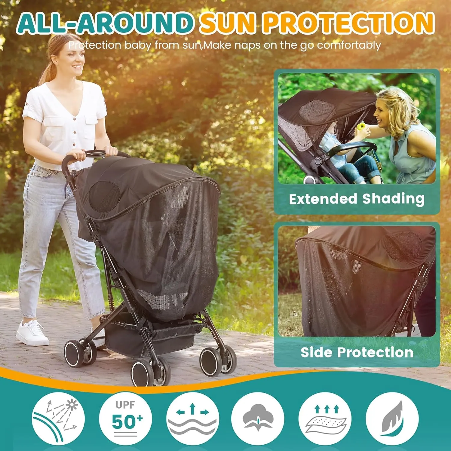 Orzbow Stroller Sun Shade Cover, Removable Stroller Shade Extender with Zip, Breathable Universal Stroller Canopy, Easy to Use & Stable, Blocks 95% UV(UPF 50 ), Stroller Accessories, Black