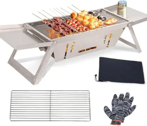 Outdoor BBQ Grill - Portable Folding Charcoal Grill - Premium Stainless Steel Barbecue Cooker with Carry Bag - Perfect for Camping, Picnicking, and Tailgating - Charcoal Grill