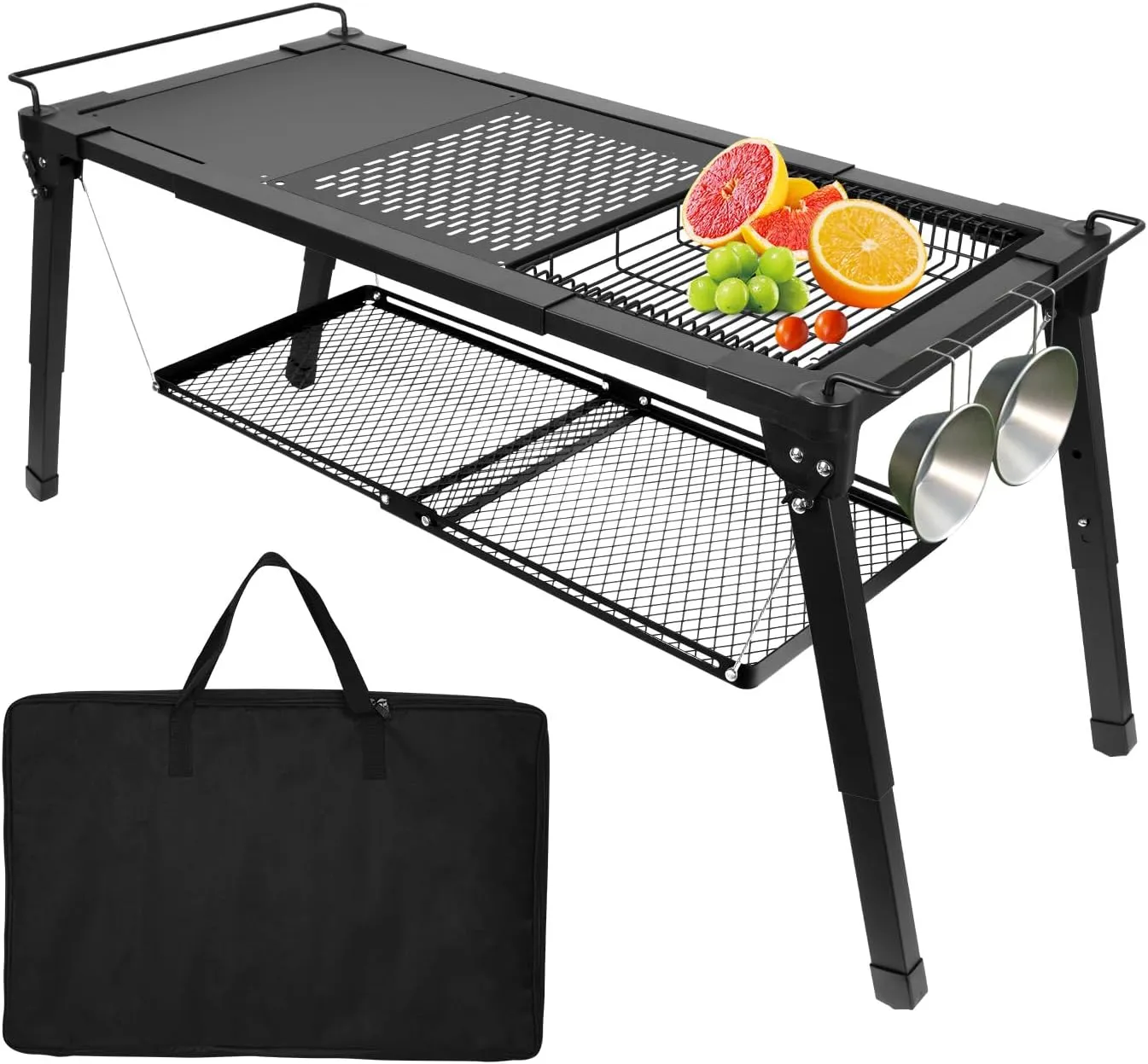 Outdoor Camping Table, Sturdy Camping Side Tables with Floating Shelf and Dish Drying Rack, Height and Width Adjustable IGT Camp Table with Carry Bag for Outside, Picnicing, Fishing, Patio