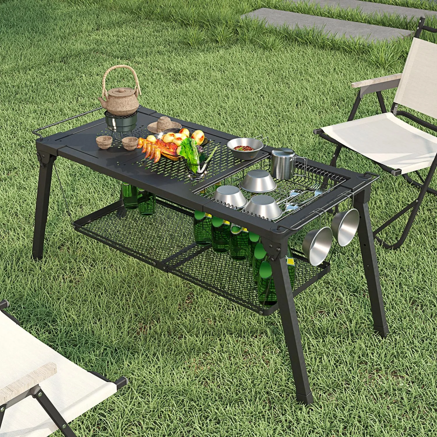 Outdoor Camping Table, Sturdy Camping Side Tables with Floating Shelf and Dish Drying Rack, Height and Width Adjustable IGT Camp Table with Carry Bag for Outside, Picnicing, Fishing, Patio