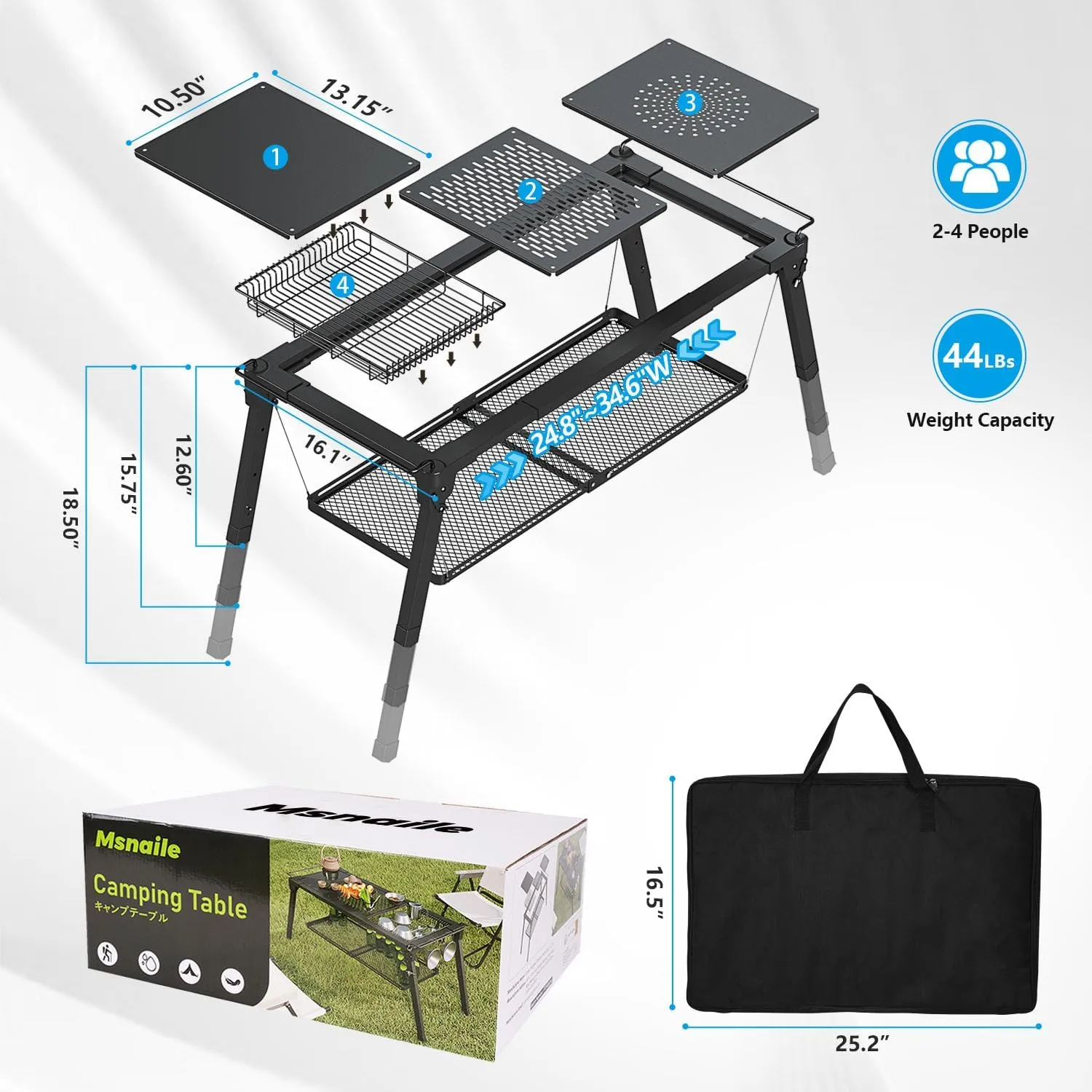 Outdoor Camping Table, Sturdy Camping Side Tables with Floating Shelf and Dish Drying Rack, Height and Width Adjustable IGT Camp Table with Carry Bag for Outside, Picnicing, Fishing, Patio