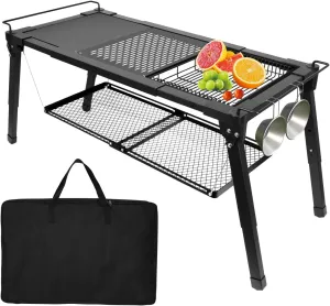 Outdoor Camping Table, Sturdy Camping Side Tables with Floating Shelf and Dish Drying Rack, Height and Width Adjustable IGT Camp Table with Carry Bag for Outside, Picnicing, Fishing, Patio