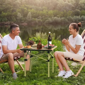 Outdoor Compact Folding Table, Outdoor Portable Side Tables with Carry Bag, Carbon Steel Roll-up Picnic BBQ Desk for Camping, Hiking, Picnics, BBQs, Beach Trips, Khaki