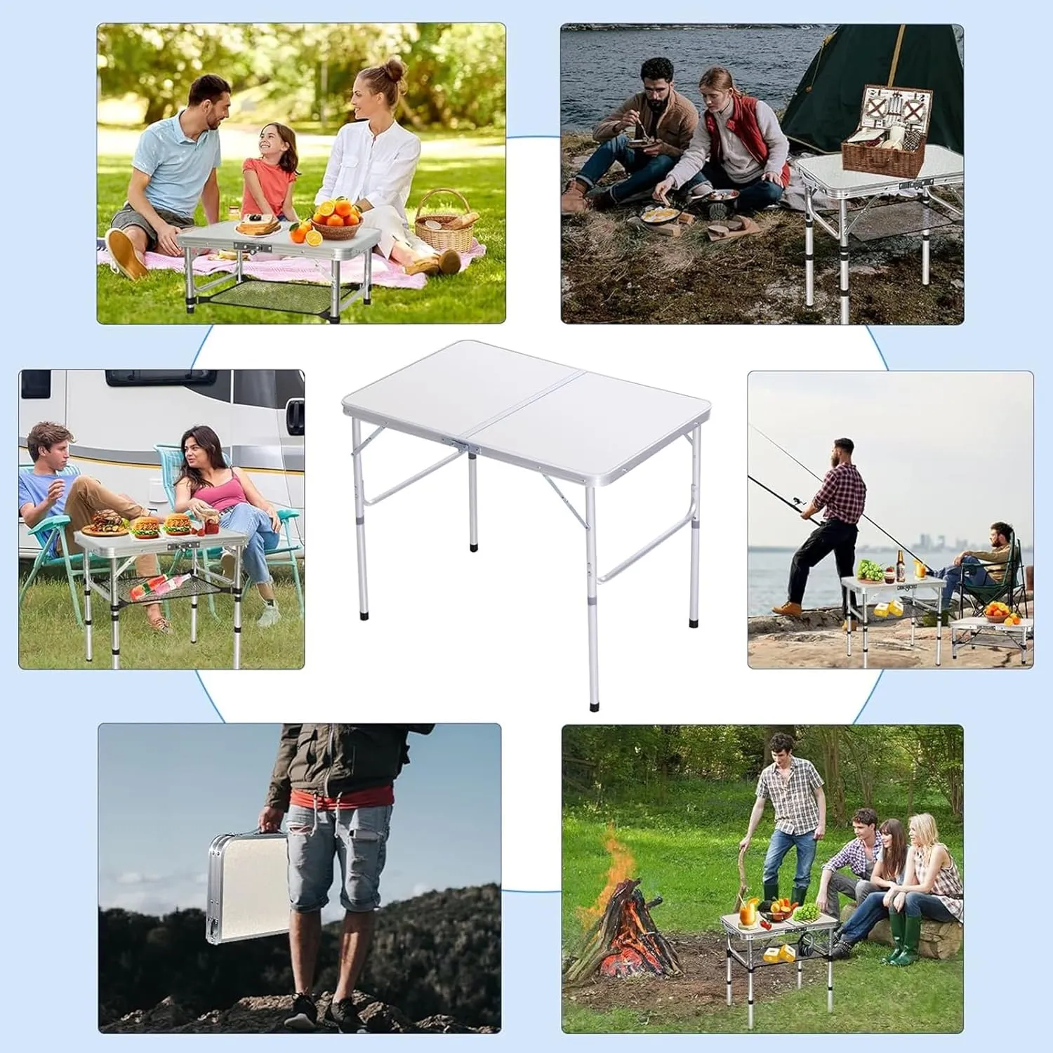 Outdoor Folding Picnic Table with Adjustable Heights Legs, Aluminum Foldable Camping Table, Portable Dining Tables with Handle for Patio Camp Beach Party BBQ
