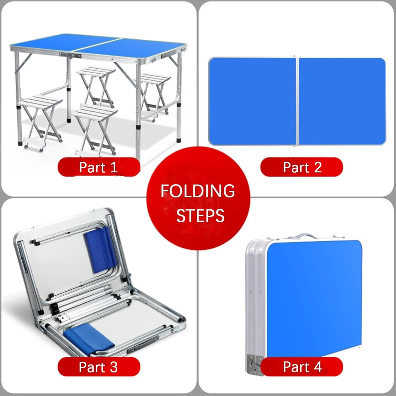 Outdoor Folding Picnic Table with Adjustable Heights Legs, Aluminum Foldable Camping Table, Portable Dining Tables with Handle for Patio Camp Beach Party BBQ
