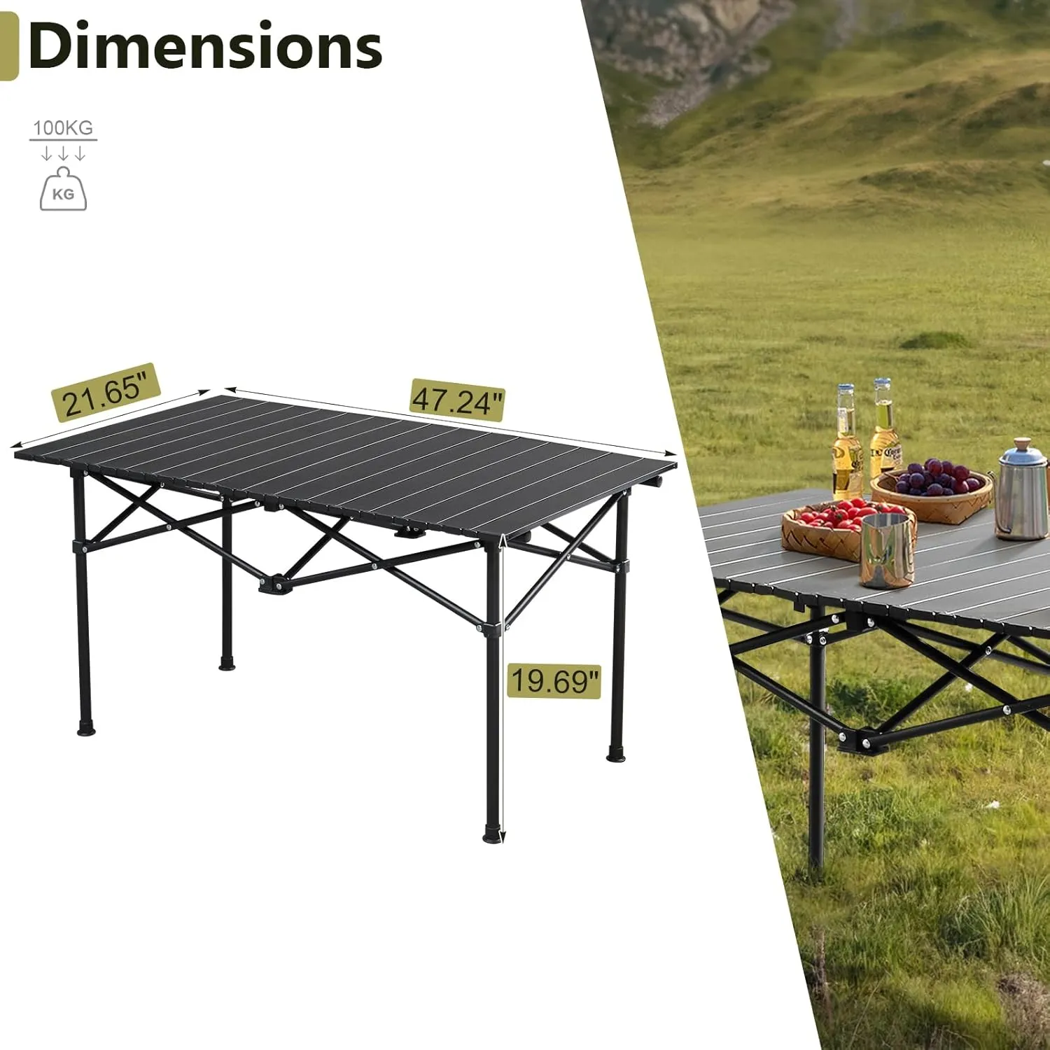 Outdoor Folding Portable Picnic Camping Table, Aluminum Ultralight Collapsible Roll-up Table with Easy Carrying Bag Prefect for Indoor,Outdoor,Camping,Beach,Backyard, BBQ, Party, Patio, Picnic