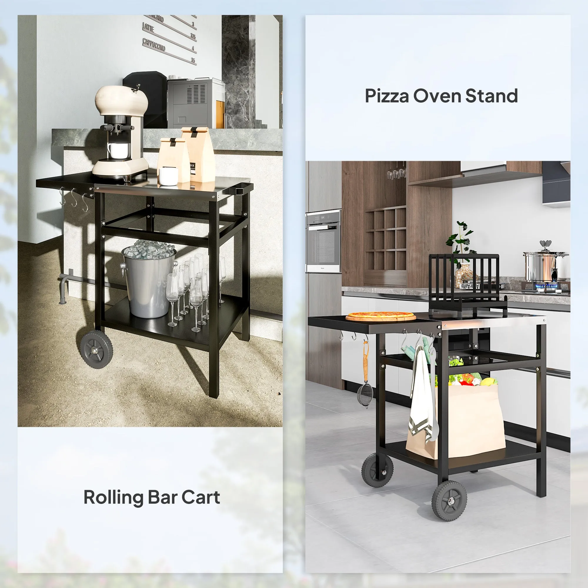 Outdoor Grill Dining Cart with Stainless Steel Top and Foldable Side Table, BBQ Movable Pizza Oven Stand Food Prep Table Trolley with Hooks Shelf Cover, Black