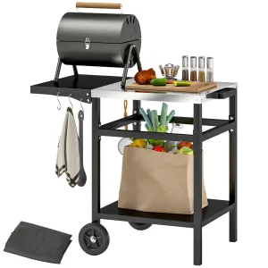 Outdoor Grill Dining Cart with Stainless Steel Top and Foldable Side Table, BBQ Movable Pizza Oven Stand Food Prep Table Trolley with Hooks Shelf Cover, Black