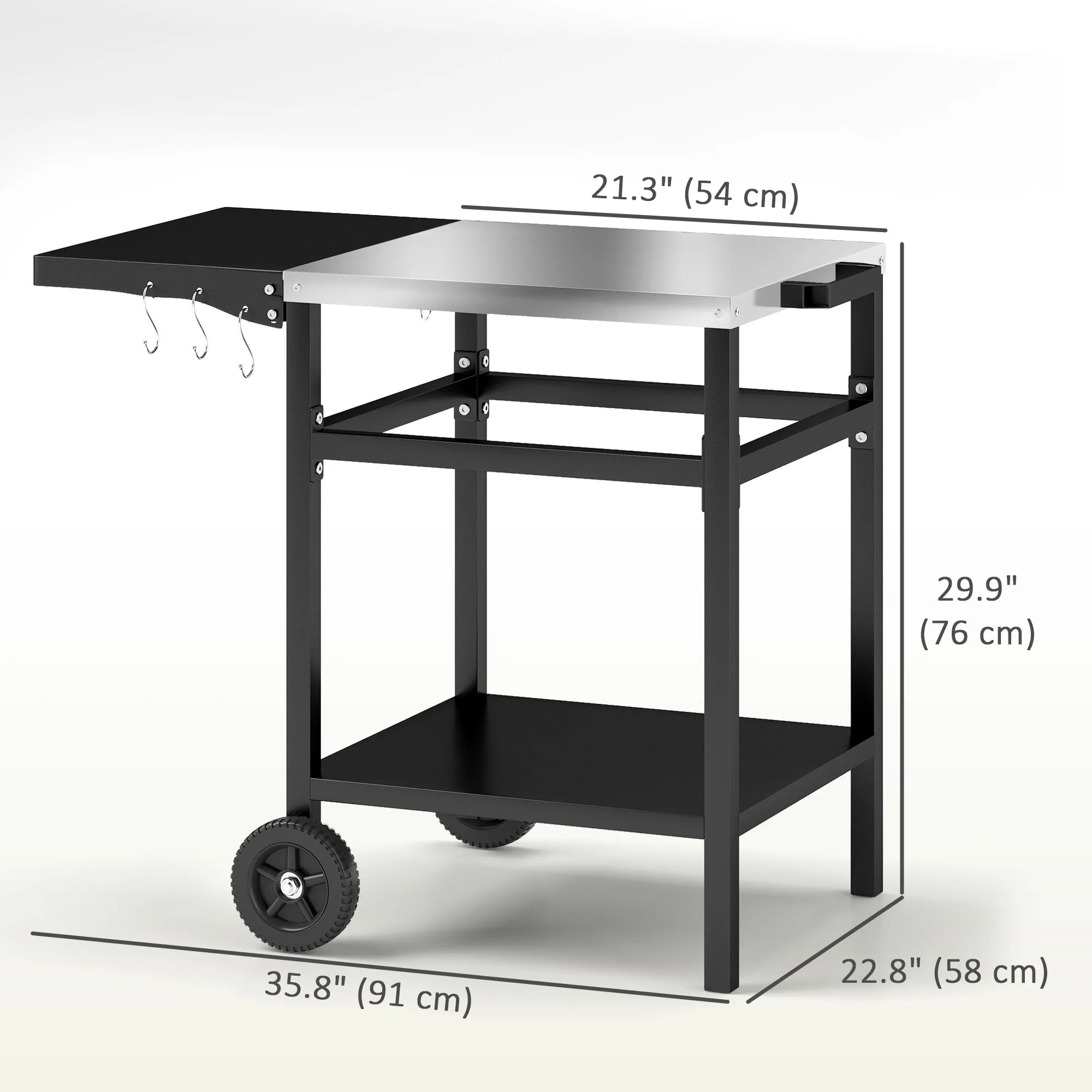 Outdoor Grill Dining Cart with Stainless Steel Top and Foldable Side Table, BBQ Movable Pizza Oven Stand Food Prep Table Trolley with Hooks Shelf Cover, Black