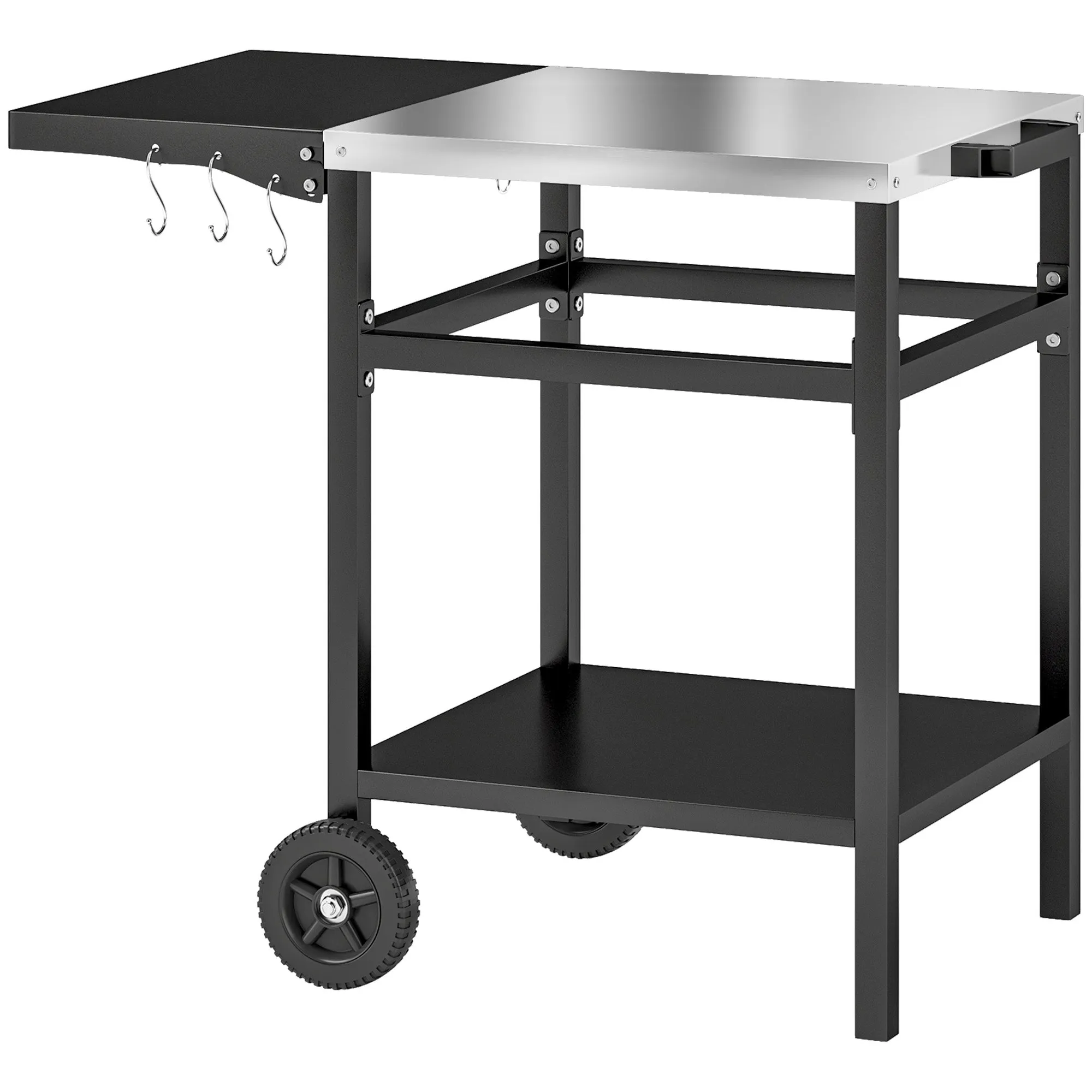 Outdoor Grill Dining Cart with Stainless Steel Top and Foldable Side Table, BBQ Movable Pizza Oven Stand Food Prep Table Trolley with Hooks Shelf Cover, Black