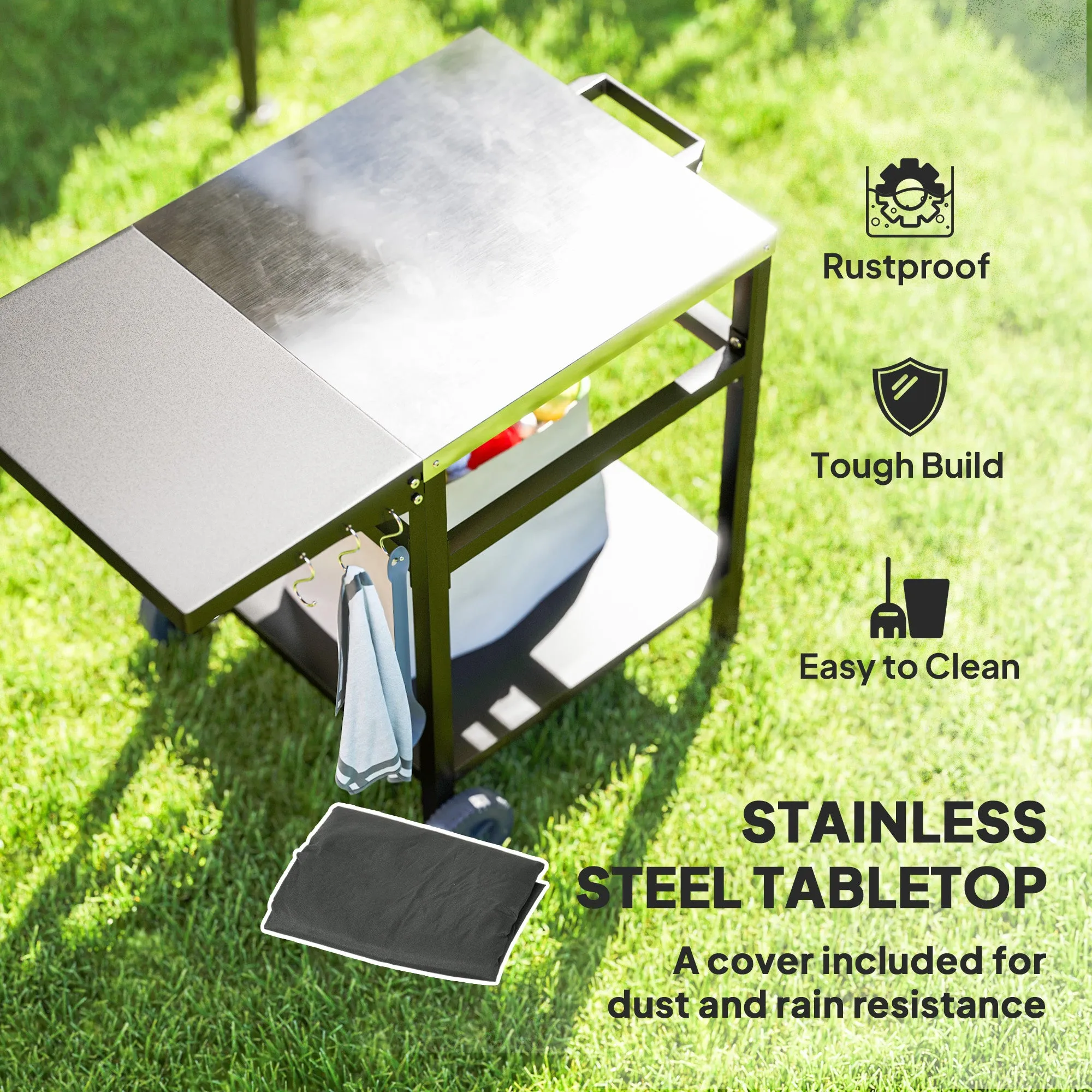 Outdoor Grill Dining Cart with Stainless Steel Top and Foldable Side Table, BBQ Movable Pizza Oven Stand Food Prep Table Trolley with Hooks Shelf Cover, Black