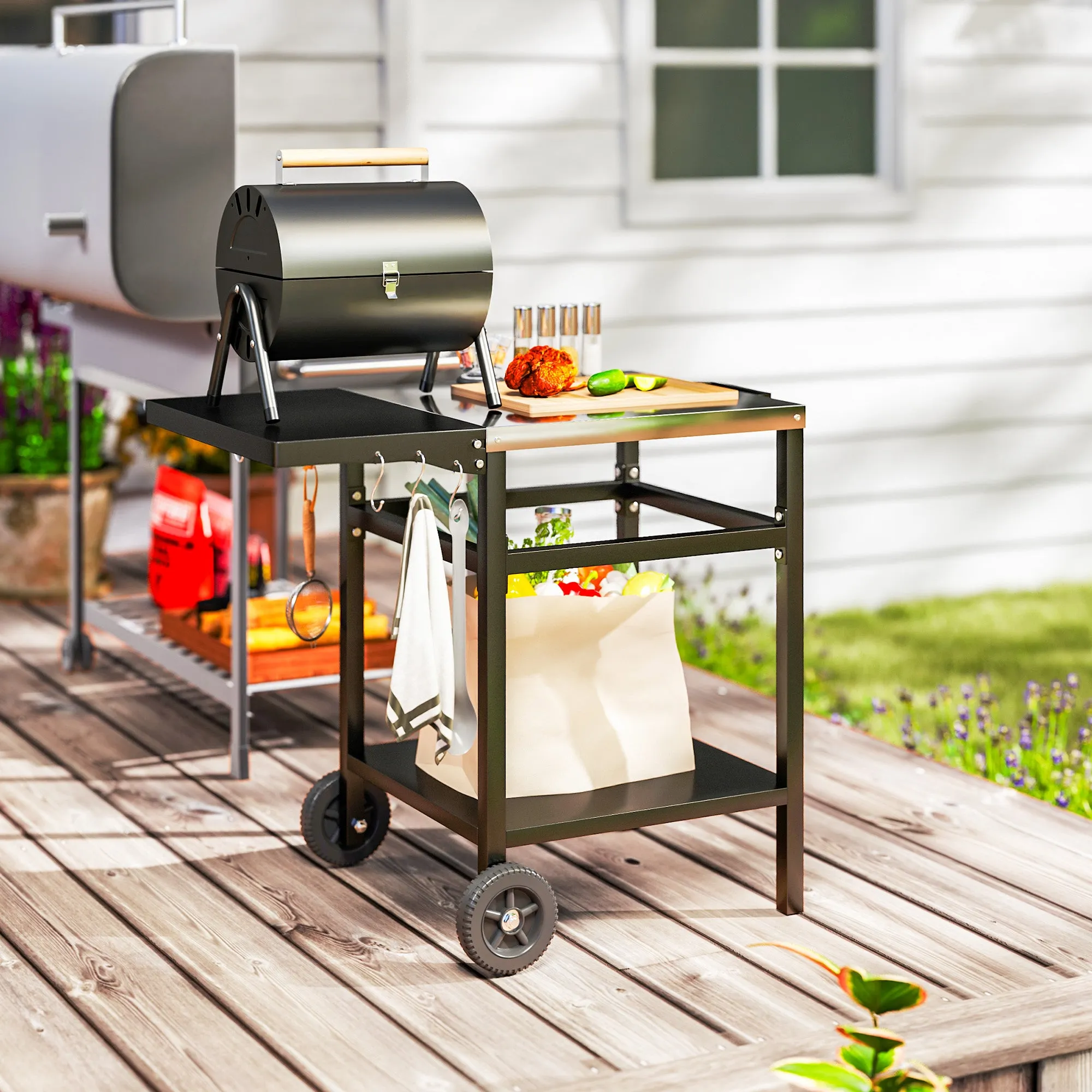 Outdoor Grill Dining Cart with Stainless Steel Top and Foldable Side Table, BBQ Movable Pizza Oven Stand Food Prep Table Trolley with Hooks Shelf Cover, Black