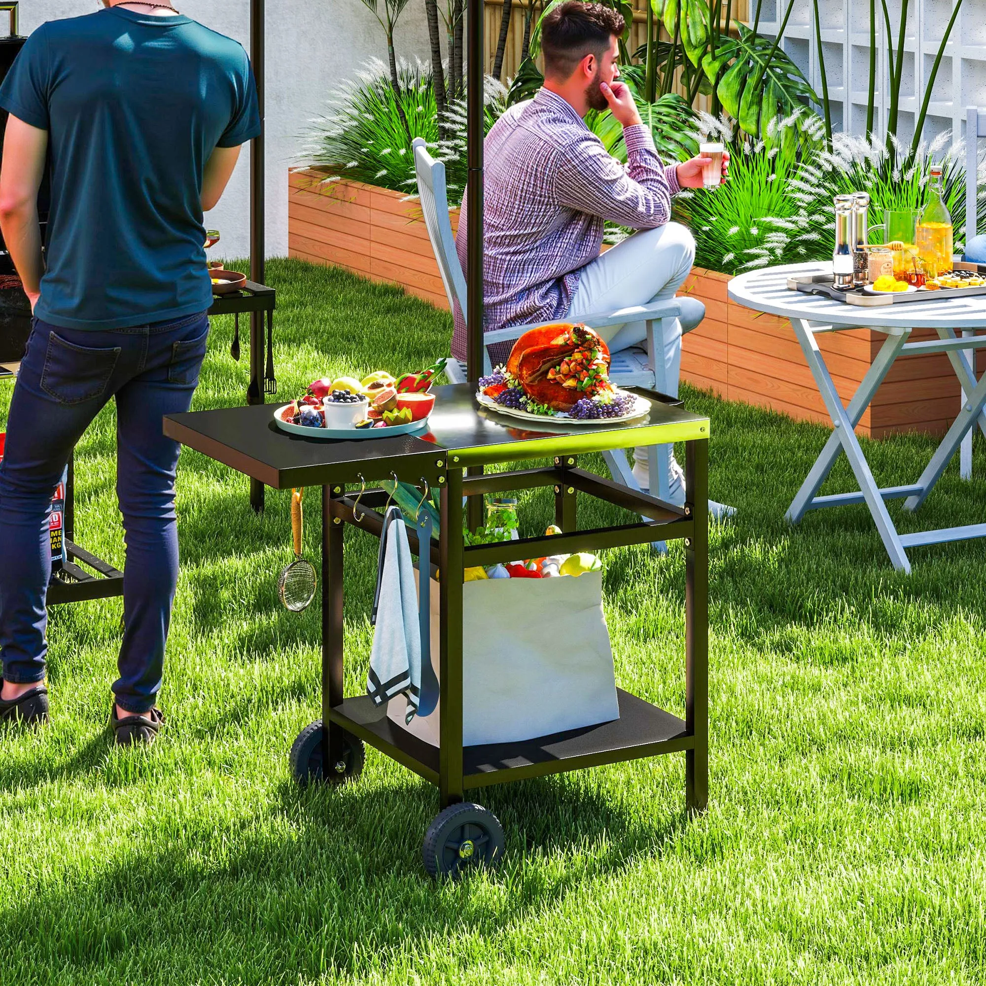 Outdoor Grill Dining Cart with Stainless Steel Top and Foldable Side Table, BBQ Movable Pizza Oven Stand Food Prep Table Trolley with Hooks Shelf Cover, Black