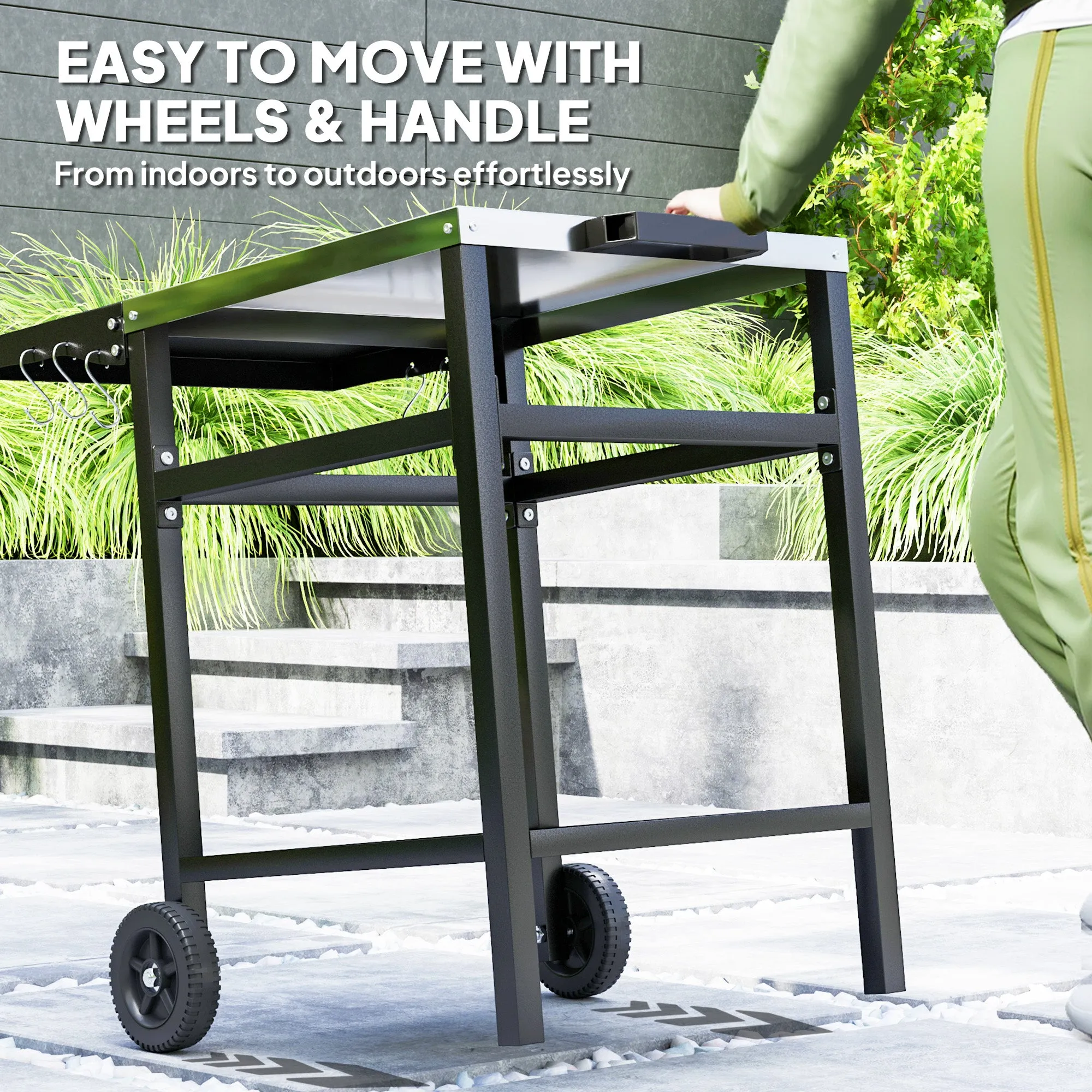 Outdoor Grill Dining Cart with Stainless Steel Top and Foldable Side Table, BBQ Movable Pizza Oven Stand Food Prep Table Trolley with Hooks Shelf Cover, Black