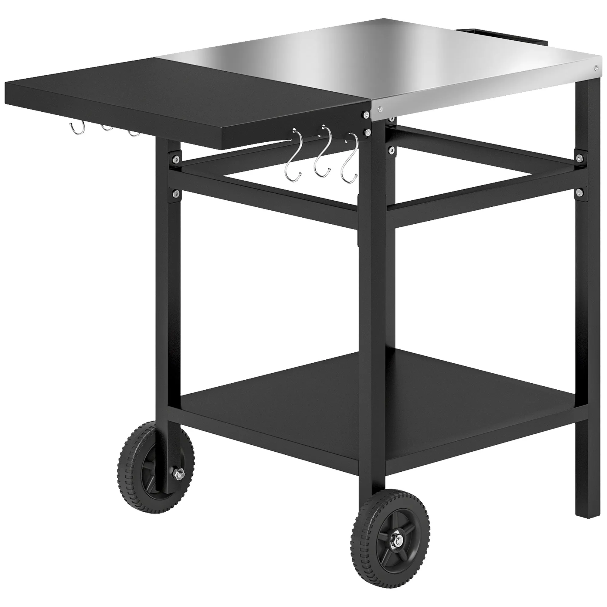 Outdoor Grill Dining Cart with Stainless Steel Top and Foldable Side Table, BBQ Movable Pizza Oven Stand Food Prep Table Trolley with Hooks Shelf Cover, Black