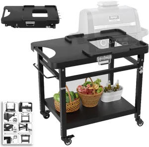 Outdoor Grill Table for Ninja Woodfire Series, Griddle Stand for Ninja XSKUNSTAND OG700 OG800 OG900 Series OO101 Woodfire Pizza Oven Table Stand, Folding Grill Cart with Lockable Wheels & Double-shelf